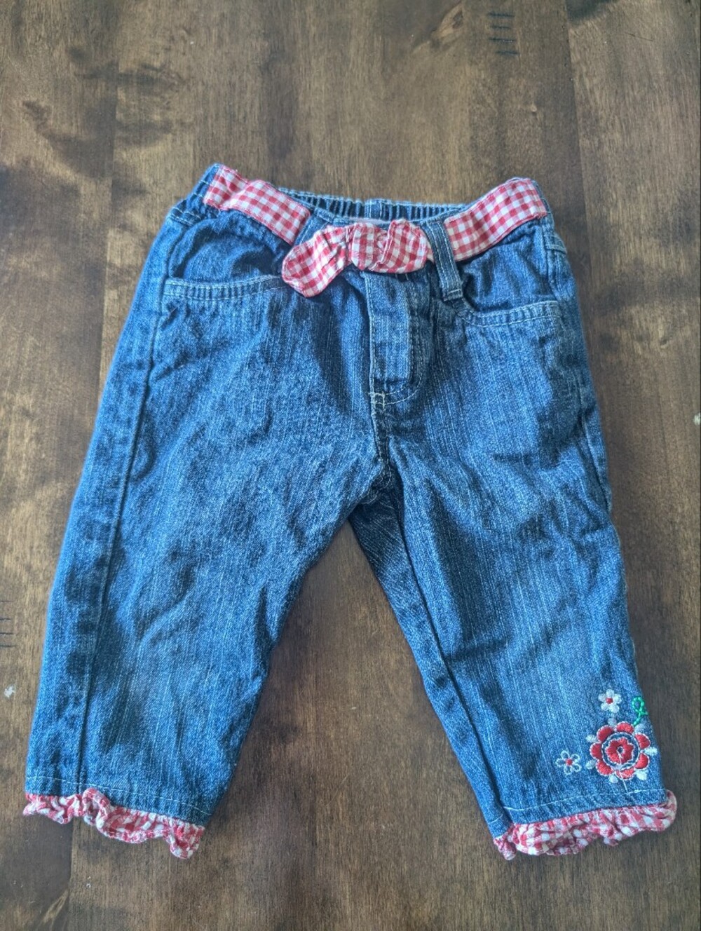Girls Blue Denim Embroidered Capri Pants with Red Gingham Trim/ 3T